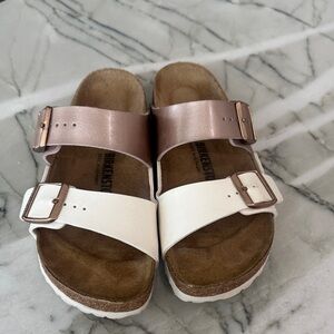Birkenstock Sandals in Rose Gold and White